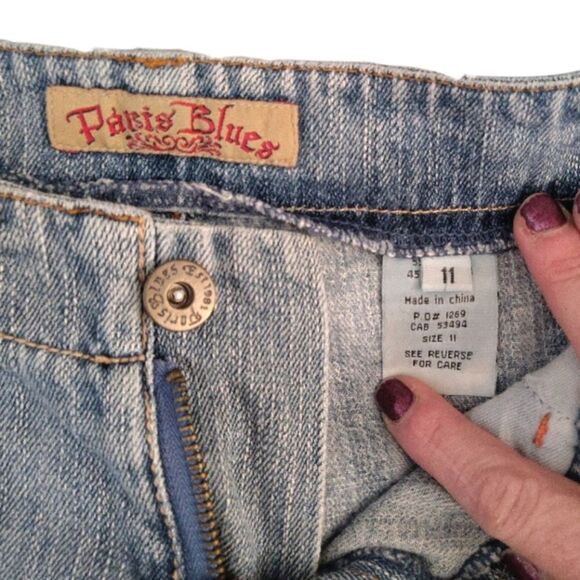 VTG Y2K Paris Blues Distressed ALine Raw Hem Mini Jean Skirt Size 11 - Picture 11 of 12